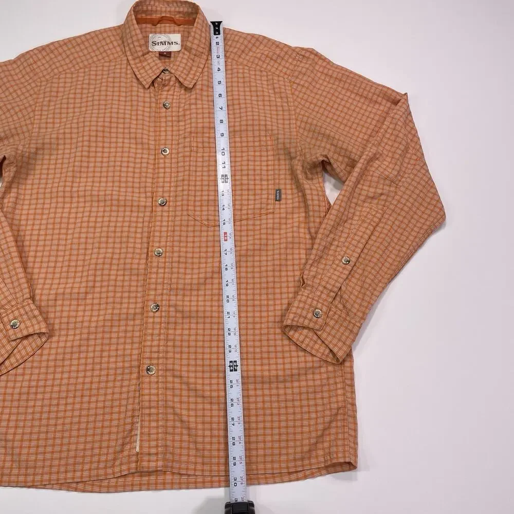Simms Performance Shirt Mens Medium Orange Plaid Long Sleeve Fishing Outdoors